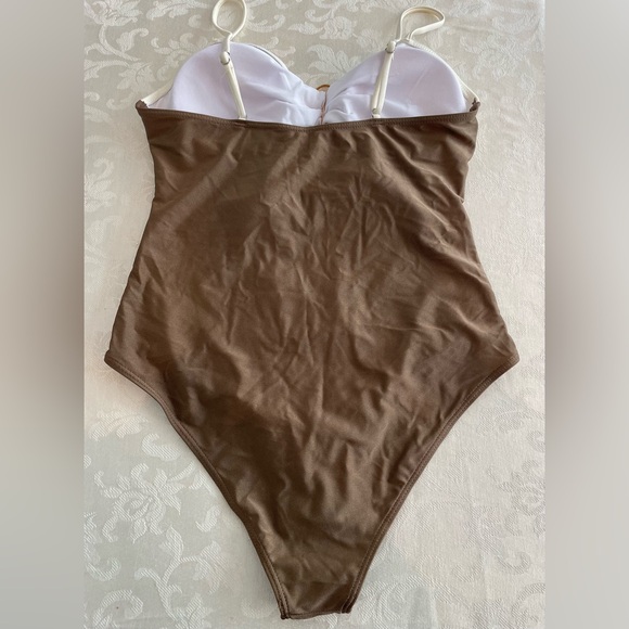 Elegant Cream and Brown One-Piece Swimsuit - Picture 4 of 5